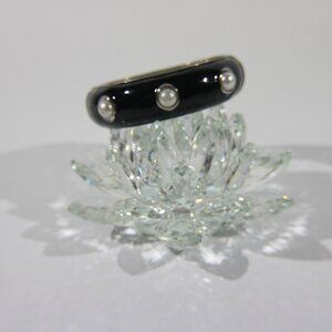 Vintage Cookie Lee Smooth Faux Pearl & Shiny Black Enamel Cuff Bracelet